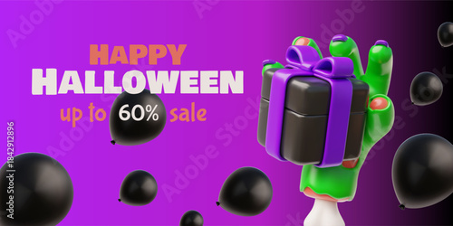 Happy Halloween sale 3D advertising banner vector design, creepy zombie green hand holds gift box, special offer promo