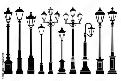 Collection of vintage street lamp silhouettes featuring ornate lamppost designs, classic ironwork details, decorative shapes, and elegant antique elements ideal for retro illustrations, urban design p