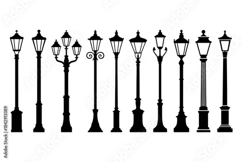 Collection of vintage street lamp silhouettes featuring ornate lamppost designs, classic ironwork details, decorative shapes, and elegant antique elements ideal for retro illustrations, urban design p