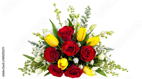fresh cut flower bouquet with red roses yellow tulips white lilies and lush green foliage transparent background
