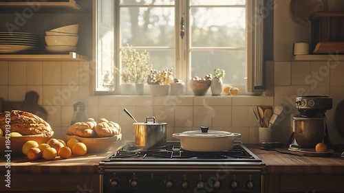 Cozy Kitchen Interior with Sunlight Streaming Through Window.