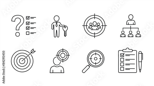 Collection of business strategy icons in line style isolated on