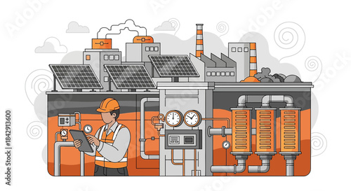 Industrial operator overseeing plant operations, monitoring systems and solar power integration