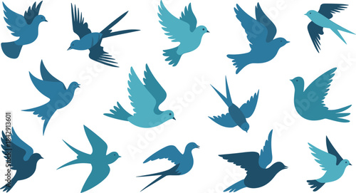 Blue flying bird illustrations, decorative vector set showing various poses of swallows, wildlife migration graphic design