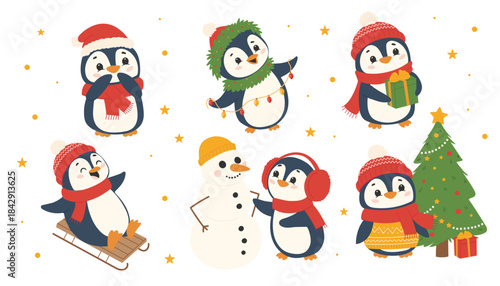 Set of cute penguins with Christmas tree. Vector illustration in cartoon style.