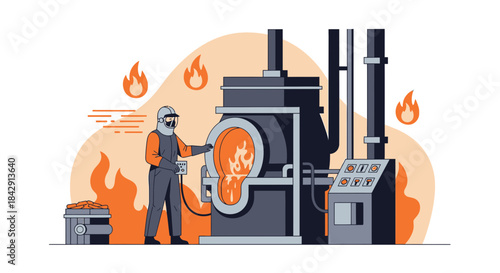 Industrial worker in safety suit managing molten metal processing with furnace control panel