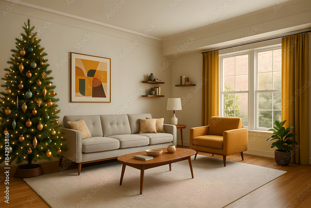 Fototapeta premium Inviting living room with a decorated pine tree and warm glowing lights creating a festive atmosphere for holiday gatherings and cozy evenings at home