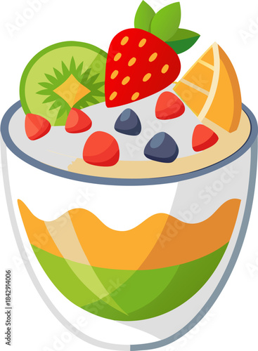 Flat vector illustration of a visually appealing yet healthy dessert (fruit salad, yogurt parfait), guilt-free treat, white background.