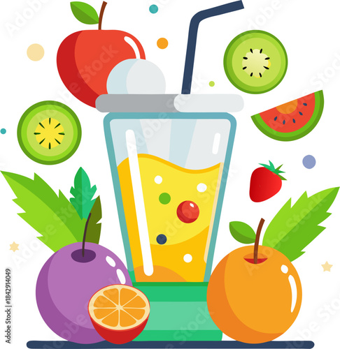 Flat vector illustration of various colorful fruits being blended into a healthy smoothie, fresh and vibrant, white background.