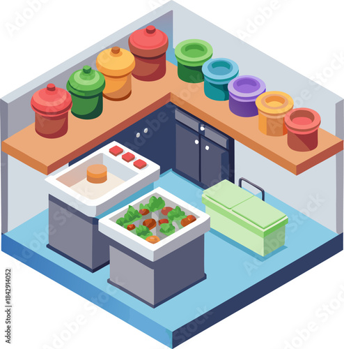 Isometric vector illustration of a kitchen counter with organized containers of food for weekly meal prepping, clean and functional, white background.