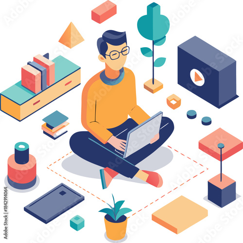 Isometric vector of a person sitting intensely focused on a single task, surrounded by quiet, minimal distractions, white background.