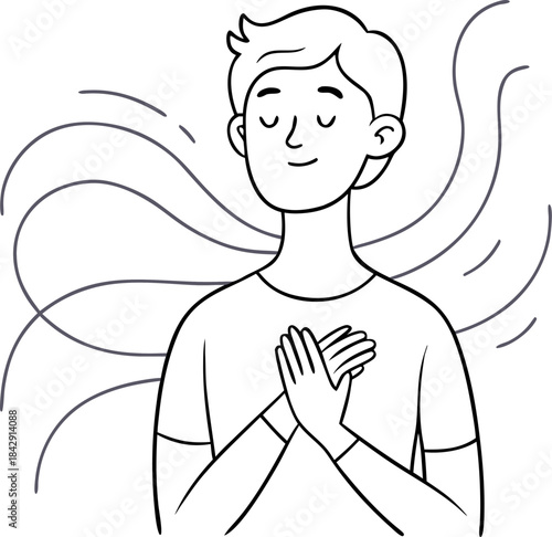 Line art vector of a person taking a deep breath in a calm environment, with expanding chest motion lines, white background.