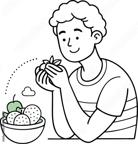 Line art vector of a person slowly enjoying a small portion of healthy food, focusing on the texture and taste, white background.