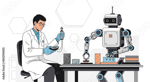 Innovation in science: Scientist observing robot conducting experiment for research and