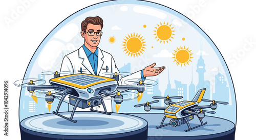 Innovation in Renewable Energy: A Scientist Showcasing Solar-Powered Drones for a Sustainable Future