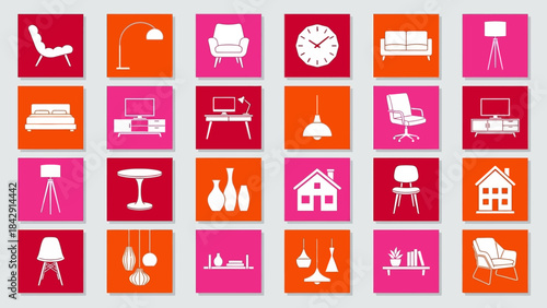 Home Decor Icon Grid Vector – Chairs, Lamps, Beds, Clocks, Vases, Tables in White Silhouettes on Red, Orange, Pink Backgrounds for Interior Design Projects