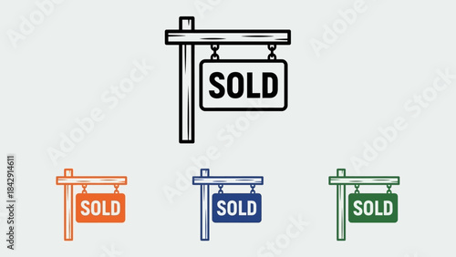 Sold Property Signpost Icon Set – Real Estate Transaction Symbols in Black, Orange, Blue, Green for Marketing, Listings, and Home Sale Promotion Projects