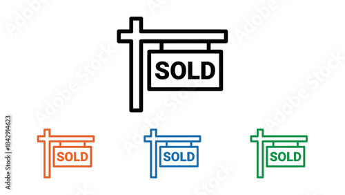 Sold Property Signpost Icon Set – Real Estate Transaction Symbols in Black, Orange, Blue, Green for Marketing, Listings, and Home Sale Promotion Projects