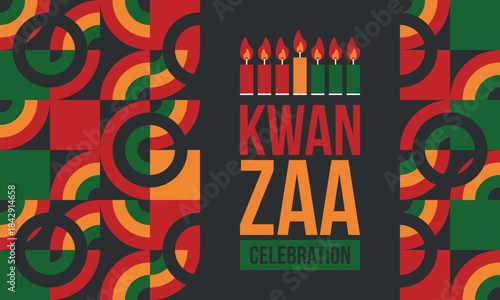 Kwanzaa Happy Celebration. African and African-American culture holiday. Seven days festival, celebrate annual from December 26 to January 1. Black history. Poster, card, banner and background. Vector