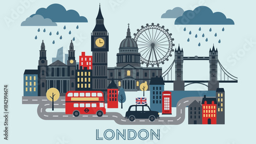 London Landmark Vector Illustration – Big Ben, London Eye, Tower Bridge, Red Bus, Taxi, Rain for Travel, Culture, and UK Cityscape Design Projects