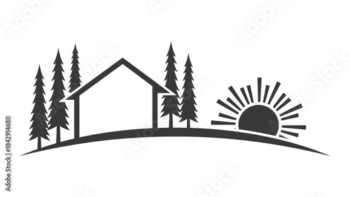 Countryside House Silhouette Vector – Peaceful Home on Hill with Trees and Rising Sun for Rural Living, Nature Retreats, and Minimalist Design Projects