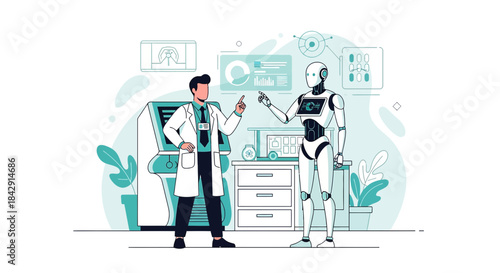 Innovative collaboration between doctor and humanoid robot, medical expertise and technology,