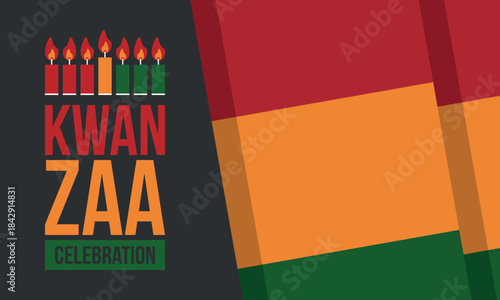 Kwanzaa Happy Celebration. African and African-American culture holiday. Seven days festival, celebrate annual from December 26 to January 1. Black history. Poster, card, banner and background. Vector