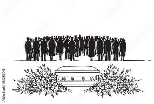funeral ceremony line art. Silhouette sketch black flat funeral crowd behind