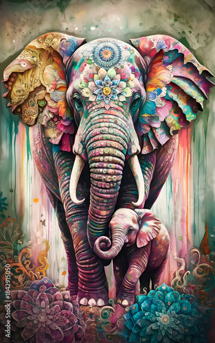 stunning fine art with elephant and her baby in pale dust colors and design floral elements. 3D render digital artwork. Ai generated