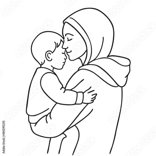 line sketch mother and child hugs behind in black hoodie