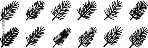 Collection of twelve stylized black and white pine or fir tree branch icons arranged in two rows for seasonal design elements