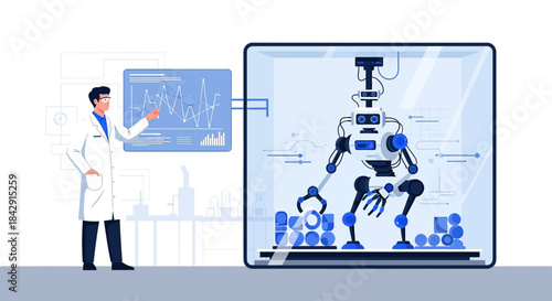 Innovative robotic automation in laboratory with scientist analyzing performance data interface