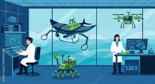 Innovative research laboratory showcasing future technology with scientists and robots working