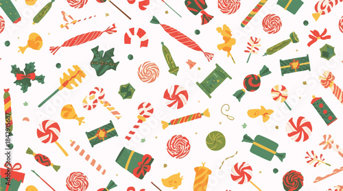 Vector illustration template featuring Christmas candy and a giftbox with a flat design style, incorporating a festive element pattern, with bold lines, vibrant