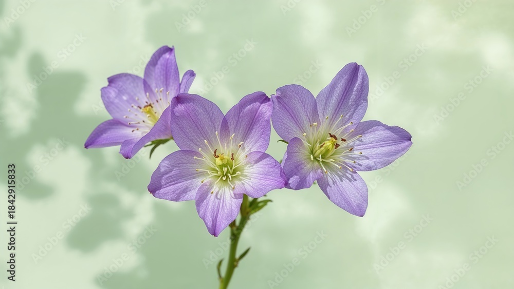 Obraz premium Purple flowers with green background and soft shadows, close-up shot of delicate blossoms.