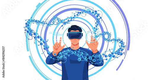Man exploring immersive virtual environment with vr headset and digital interface technology