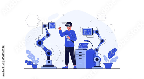 Man in VR headset controlling robotic arms in simulated work environment setup