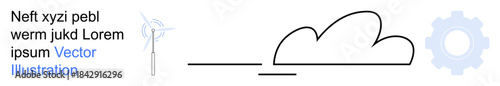 Renewable energy, cloud computing, sustainability, technology, innovation, digital infrastructure. Minimalist wind turbine, cloud and gear shape. Renewable energy and cloud computing concepts