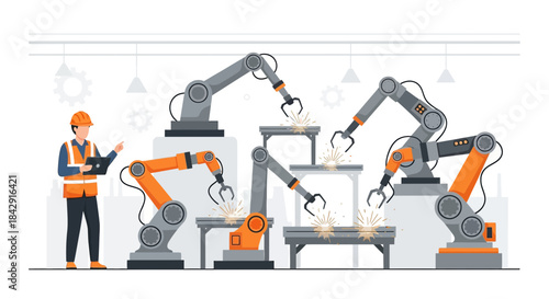 Manufacturing automation with robotic arms and an engineer overseeing processes in a factory setting