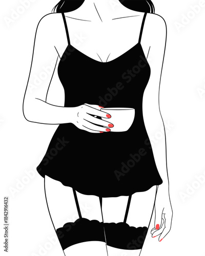 Stylish girl in elegant black dress holding a glass, posing with modern confidence, refined fashion details, graceful expression, and contemporary lifestyle aesthetic ideal for editorial and promotion