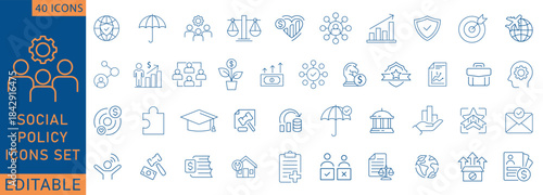 Social policy Web Icon Set in Line Style. Collection of Social services Linear Icons, Including, healthcare, family, education, protection, law, insurance, healthcare, reform. Vector illustration.