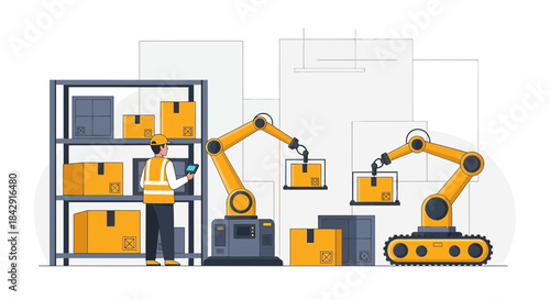 Modern automated distribution warehouse with robotic arms and worker overseeing operations showing