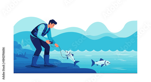 Modern leisure illustration of a man controlling a fish robot in a serene river landscape