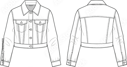 Cad drawing flat vector illustration of cropped denim jacket with button front, patch pockets, cuff sleeves, fashion sketch, technical design