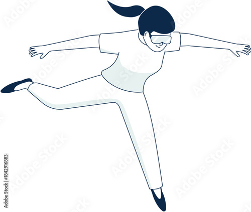 Woman floating in vr set. Virtual reality flight
