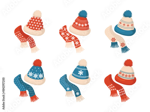 Christmas holiday winter clothing set. Red and blue woolen beanies with matching scarves isolated on white background
