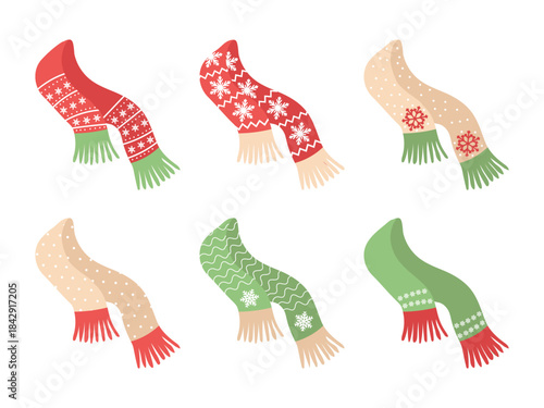Colorful Knitted Winter Scarves Collection with Festive Patterns, Tassels, Red Green Beige Cozy Accessories