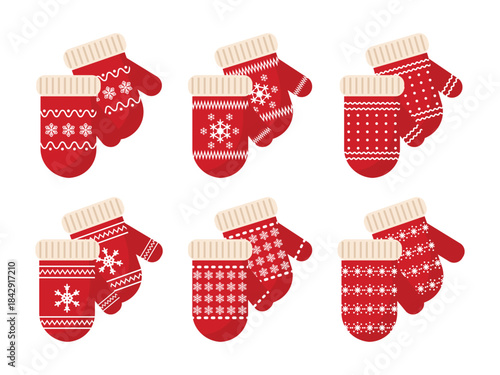 Cozy winter gloves collection vector illustration. Set of 6 pairs of red patterned mittens for New Year celebration