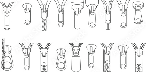 CAD drawing flat vector illustration of different zipper slider and puller designs fashion hardware template accessories front view