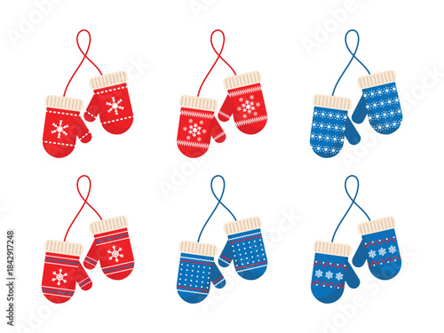Cozy winter handwear collection. Set of 6 hanging knitted gloves in red and blue colors for cold weather design